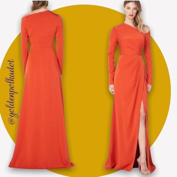 TANGERINE Prom Gown Kay Unger Long Sleeve  Asymmetrical Lined  Core NWT size 6 - Picture 3 of 9